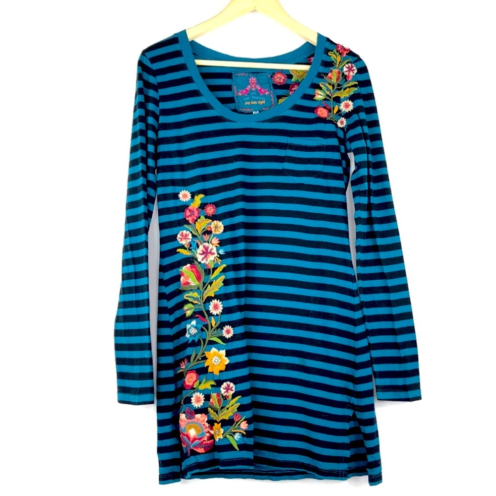 Johnny Was JW Blue Black Stripes Floral Medium